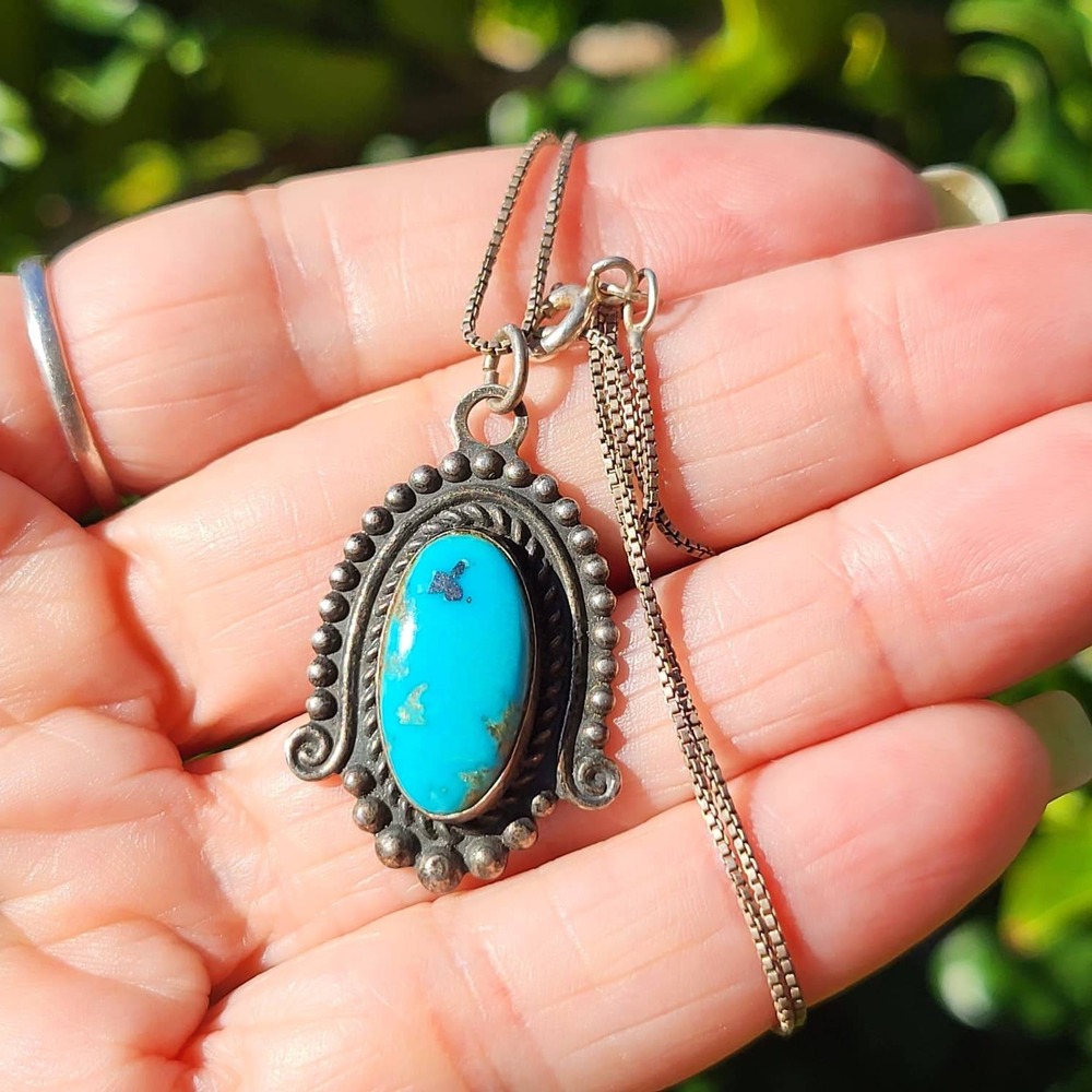 Vintage Sterling Silver Turquoise Native American Pendant Necklace Southwestern